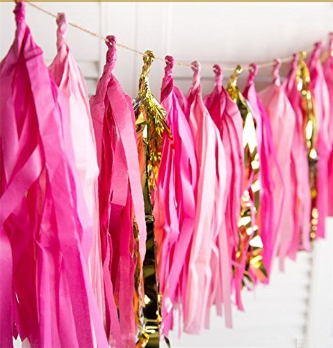 16 x Hot Pink Seidenpapier Quasten für Party Hochzeit Gold Girlande Wimpelkette Pom Pom