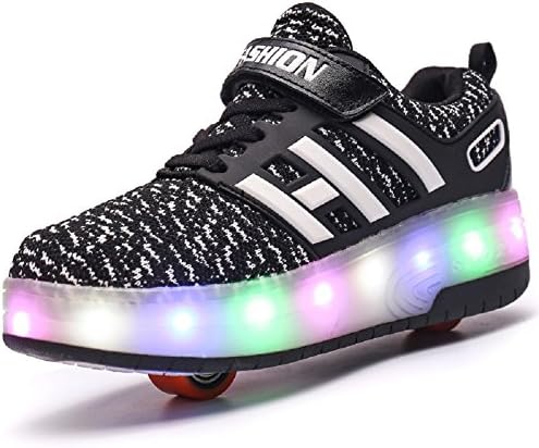 Luckly Grace Unisex Kids LED Roller Skate Shoes With Wheel High Top Retractable Technical Skateboarding Outdoor Sport Trainers Flashing Running Sneaker For Girls Boys (12 UK Child, Black2(2 Wheels))