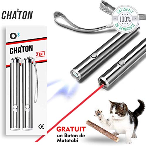 O³ Jouet interactif Chat - 2 Pointeur lumineux + 1 bâton d'Herbe à Chat Matatabi Cadeau - Lampe Led 2 en 1 - Exercices pour chat 