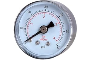 JIVTO Dry pressure Gauge, 1-1/2" Dia,0-60 Psi,0-4 Bar, 1/8" BSPT Back Mount,Steel case, Brass Connection,PC Window