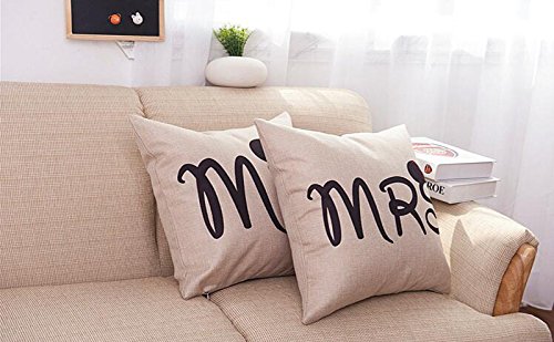 iTemer Kissenbezug Leinen Baumwolle Kissenbezug Karikatur Mr und Mrs Muster 2Pcs - 3