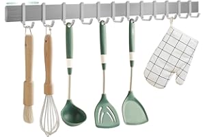 ACIELANNA Porta Utensili da Cucina senza forare, Barra Portautensili Cucina, Porta Utensili Cucina da Parete con 12 Ganci Mobili | Alluminio | 58cm | Argento