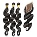 Produktbild [Werksverkauf] Full Shine Body Wave Haar-Schuß Brazilian Unprocessed Human Hair Gemischte Länge 55+60+65CM Hair Weft mit 3.5"*4" 35CM Free Part Lace Closure (#1B Naturschwarz)