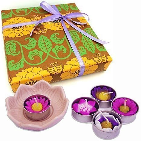 5 Handmade scented flower tealights with handmade pink ceramic tealight holder gift box set