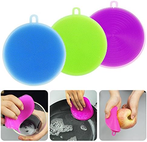 SECOWEL 3 Pcs Silicone Dish Scrubber - Antibacterial Brush Sponge Scrubber for Kitchen, Makeup Brush, Body, Face, Fruit and Vegetable Washing