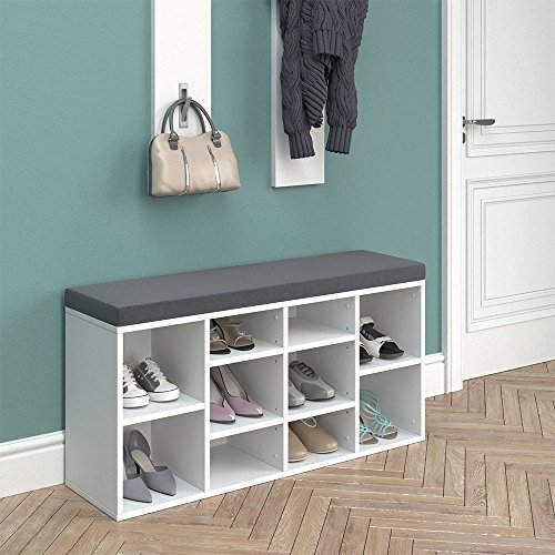 Schuhschrank 10 Schuhe Schuhbank Schrank Bank Regal Auflage Sitzbank – Weiß – 104×53,4x30cm (BxHxT) – inkl. Sitzauflage Anthrazit - 5
