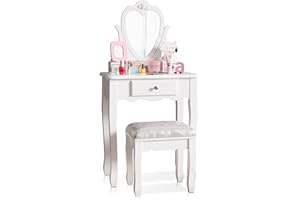 Jooli H Kids Dressing Table with Mirror and Stool, White Children's Vanity Set with Flip Up Heart Mirror and 3 Drawers, Girls Makeup Desk for Age 3-9