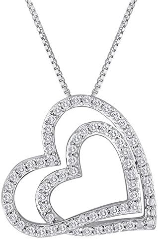 Silvernshine Jewels 1/3 CT Lab Diamond 14k White Gold Over Double Heart Pendant 18โ Chain Necklace