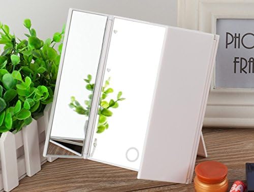 Private Twinkle Portable Makeup Mirror Foldable Compact Double Facetes Pocket Mirror with LEDs Cosmetic Illuminated Handbag Three Fold Mirror Excellent for Travel (White)