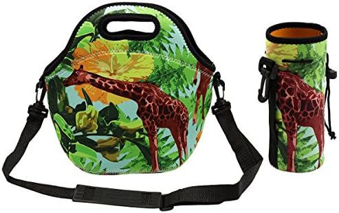 Dreamerd Neoprene Lunch Bags/Lunch Boxes, Waterproof Outdoor Travel Picnic Lunch Box Bag Tote with Adjustable Crossbody Strap (Giraffe World Lunch Bag+Water Botlle Tote)