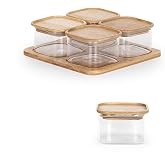Porsima HF009009 Kare 4l&uuml; Hava Ge&ccedil;irmez Bambu Standlı Cam Kahvaltılık Seti Bambu Kapaklı Saklama Kabı 250ml