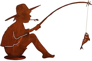 STEINFIGURENWELT GIEßEN Figurine de jardin Manni avec poisson - 60 x 90 cm - Sur plaque en patine - Résistant aux intempéries - En métal rouillé - Décoration de bassin - Figurine maritime