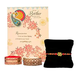 ARCHIES Rakhi for Brother Rakshabandhan Combo of 1 Floral Om Rakhi with 1 Roli & Chawal Set-10gm & Greeting Card (Pack of 3) for Bhaiya|Bro|Bhai