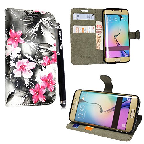 Preisvergleich Produktbild Samsung Galaxy S7 Edge Hülle Kamal Star® Hülle Lederhülle Tasche Handyhülle mit Standfunktion Card Holder Kunstleder + Stylus (Pink Flower Dark Grey Book)