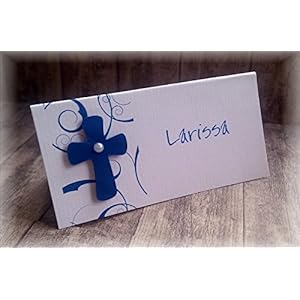 Tischkarte Namenskarte Kommunion Konfirmation Firmung Taufe Kreuz blau
