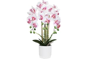 Olrla Simuleringsblommor i rosa orkidéer, 3 grenar i en vit kruka - Realistiska och falska orkidéer i fjärilsform - Bonsai fö