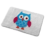 Axentia Badteppich, Badvorleger mit trendigem Eulenmotiv, Kurzflor Teppich auch perfekt als Highlight im Kinderzimmer, Badematte - warme Füße auch ohne Fussbodenheizung, Duschvorleger weiss 50x 70 cm, rutschfester Vorleger aus Mikrofasern