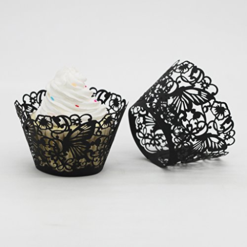 50x Papier Schmetterling Spitze Tasse Kuchen Wrapper Verpackung für Hochzeit Partei Geburtstag Dekor – Schwarz, 80mm - 3