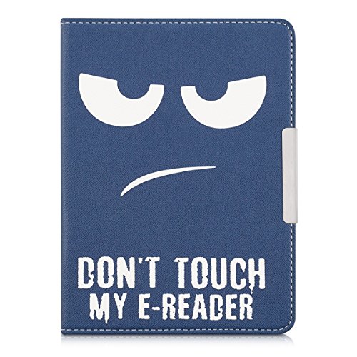 kwmobile Hülle für Tolino Vision 1 / 2 / 3 / 4 HD – Flipcover Case eReader Schutzhülle – Bookstyle Klapphülle Don’t touch my E-Reader Design Weiß Dunkelblau - 6