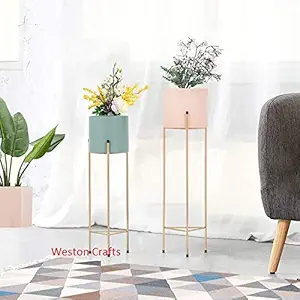 Set of 2 Modern Plant Stand- Set with Tall Metal Stand, Decorative Standing Flower Succulent Pot Holder, Indoor Outdoor Home Decor Golden Stand Pink, Torques Pot