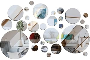 DIBALIYI Acrylic Mirror Wall Stickers, 32 PCS Removable Wall Decal Mirror Set, Bathroom Sticker Art, Round Ceiling Mirrors for Bedroom, Home, Living Room, Sofa TV Background Decor (Silver Small)