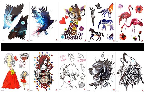 Grashine 10pcs tatuaggio aquila veri tatuaggi falsificati in un pacchetto, tra cui giraffa, cavallo, elefante, aquila, gru, bella donna, lupo, ecc.
