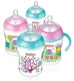 Nuby Natural Touch Decorated Bottles (270 ml, Pink/Aqua, Pack of 4)