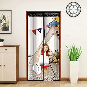 Royalkart Polyester Mosquito Screen Curtain Mesh with Pre-Attachched 34 Magnets, Self-Adhesive Hook Tape & 15 Push Pins for Main/Balcony/Kitchen Doors (90 x 210 cm, Black)
