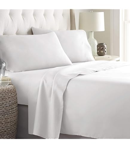 Set di lenzuola Ghazlan, 4 pezzi, 100% cotone ultra morbido e leggero, set di lenzuola di lusso da 40 cm per letto King size, lenzuola di qualità hotel in sateen bianco, non