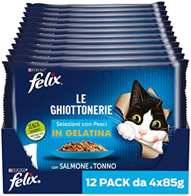 FELIX Le Ghiottonerie - Cibo Umido Gatto Adulto, Bocconcini in Gelatina con Salmone e Tonno. 48 Buste da 85 g
