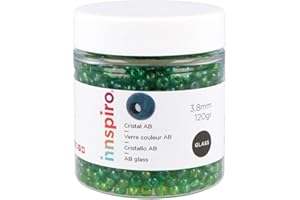 INNSPIRO Rocalla de vidrio redonda aurora boreale verde 3,8mm. 120gr. Bote. Para crear pulseras y collares, ideal para manualidades y joyas con niños. Cuentas semilla.