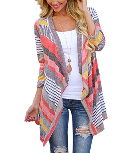 Preisvergleich Produktbild Thriving Prosperous Unregelmäßiger Hem Kimono Strickjacke Streifenmantel mit 3 / 4 Ärmel für Damen