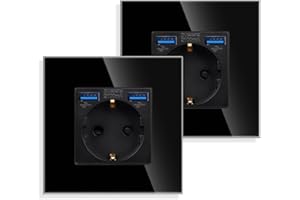JIMEIDA Paquete de 2 tomas de corriente individuales con USB en negro, 16 A, toma Schuko de cristal con carga rápida, conector USB máx. 2,1 A, 86 mm, 250 V, 1 compartimento