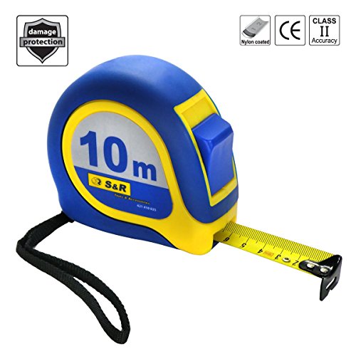 S&R Bandmaß 10,0 m x 25mm, Massband Nylon beschichtet, MUSTANG - Serie schlagfestes, Rollband gummiertes Gehäuse, MUSTANG Serie