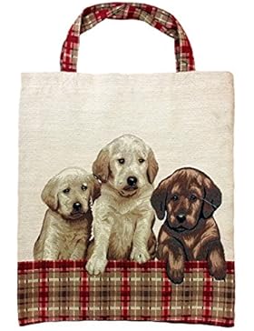 Einkaufstasche, Stofftasche Leinen 40 x 32cm, Motiv Retriever Welpen Hunde, Einkaufsbeutel Gobelin-Stil