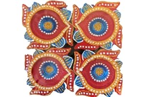 SARAS FLAVOURS OF ASIA Diwali Diyas | Hand Made Traditional Oil Lamps | Clay Diyas Multi Colour - (Pack of 4 Diyas)