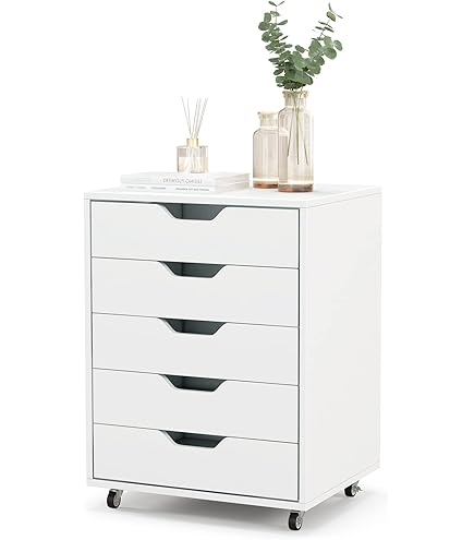 GOPLUS Caisson de Bureau à roulettes avec 5 Tiroirs 78x39x65CM,Armoire de Rangement pour Dossiers,Documents,Papiers,Blanc - Maison
