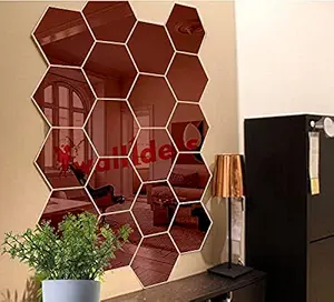 Wall1ders - Hexagon 3D Acrylic Stickers, 3D Acrylic Mirror Wall Stickers for Living Room, Hall, Bed Room & Home with 10 Butterfly Stickers - Pack of 20 (Brown)
