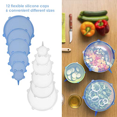 Tapas de silicona elásticas y reutilizables para cocina. 12 tapas herméticas ajustables de silicona útiles como protector de alimentos. Tapas flexibles de varios tamaños para recipientes. Sin BPA.