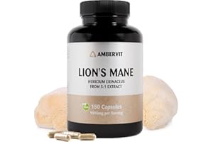 Lions Mane Mushroom - Löwenmähne Pilz - 180 Kapseln - 3 Monatsvorrat | Dual Extrakt Aus Dem Fruchtkörper | Vegan Lions Mane Kapseln keine künstlichen Füllstoffe | Ambervit