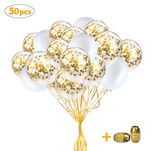 SPECOOL Ballons Blancs d'or, 50pcs Latex Ballons Blancs et Ballons de Confettis Or Ballons de Décoration de Fête Parfait pour Le Mariage Nuptiale Baby Shower Fête d'anniversaire Filles Garçons