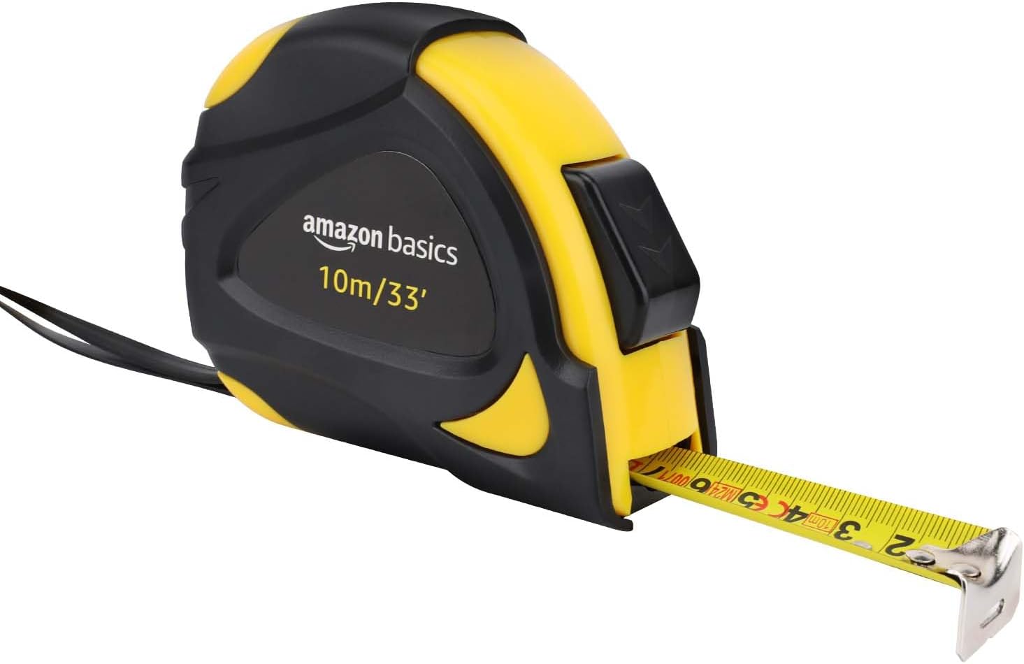 Amazon Basics Cinta métrica con cierre automático, escala y en pulgadas, precisión MID, 10 m (Paquete de 1), Negro, Amarillo