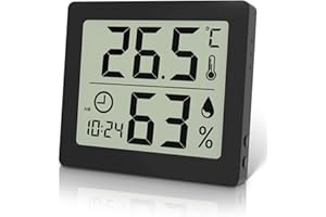 Pitasha Termometr pokojowy z higrometrem wewnętrznym, higrometr, duży wyświetlacz LCD 3,2", termometr biurkowy z zegarem (czarny)