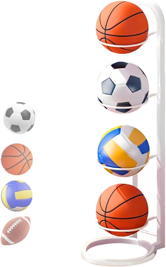 XPJBKC Estante de Almacenamiento de Pelotas, 4 Niveles Soporte de Exhibición Vertical, Soporte para Balón de Fútbol, Soporte de Fútbol Baloncesto Extraíble, Soporte Vertical para Pelotas de Futbol