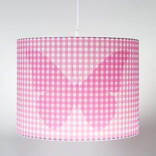 Preisvergleich Produktbild lounge-zone Lampenschirm Pendelleuchte Pendellampe Hängeleuchte Hängelampe Kinder Kinderlampe Kinderzimmer Kinderzimmerlampe Vichy-Karo rosa Schmetterling SILHOUETTE METTERLING 35cm 13088