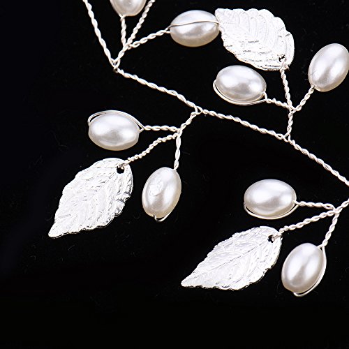 Oshide Weiß Perlengirlande Blatt Haar Accessoires, Braut Hochzeit Haarschmuck Brautschmuck(Silber) - 3