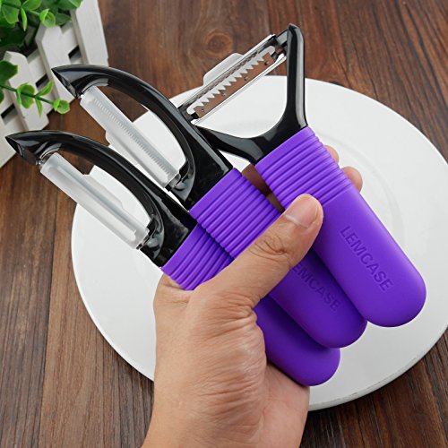LEMCASE Obstschäler und Gemüseschäler – 3 Stück Schäler Sparschäler Set [Gezähnt, Gerade, Julienne Klingen] mit Lila Silikon Griffe - 7