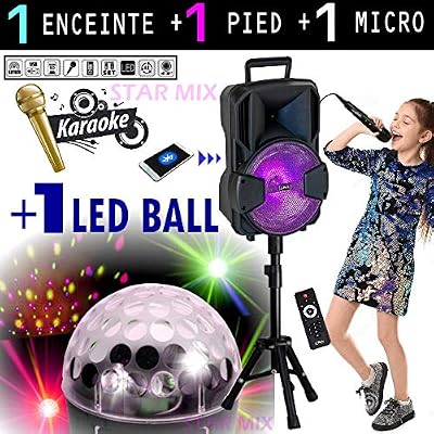 Party Light & Sound PACK ENCEINTE SONO KARAOKÉ ENFANT + JEU DE LUMIERE LED BALL + PIEDS + MICROS + USB BLUETOOTH BATTERIE idéal cadeau NOËL ANNIVERSAIRE