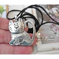 KatzenKette versilbert XL echtes Leder Mieze Stubentiger Kätzchen AnhängerKette