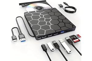 RUOVXWU External CD DVD Drive, USB 3.0 & Type-C Portable Drive Reader CD/DVD +/-RW ROM Burner Rewriter with 4 USB Ports & SD/TF Optical Drive for Desktop PC Windows 11/10/8/7/XP Macbook Mac OS Linux /Vista
